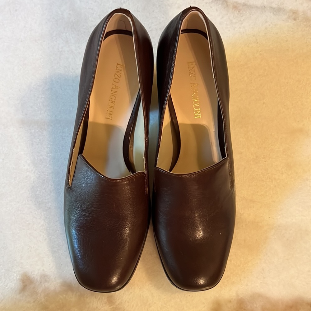 New Enzo Angiolini Leather Block Heels Brown Shoes Size 7.5